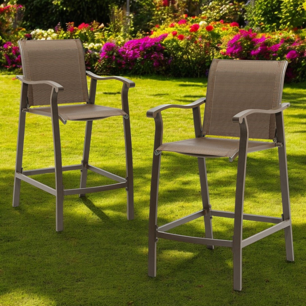 HomeRoots Set of Two Brown Aluminum Outdoor Bar Chairs with Footrest for Patios, Decks, and Poolside Fun! 485773