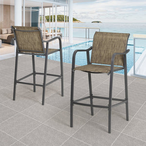 HomeRoots Set of Two 28" Gray and Brown Steel Bar Height Chairs with Footrest for Stylish Outdoor Comfort 485774
