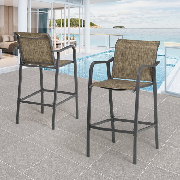 HomeRoots Set of Two 28" Gray and Brown Steel Bar Height Chairs with Footrest for Stylish Outdoor Comfort 485774