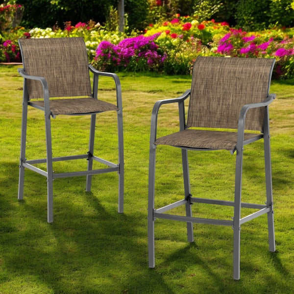 HomeRoots Set of Two 28" Gray and Brown Steel Bar Height Chairs with Footrest for Stylish Outdoor Comfort 485774