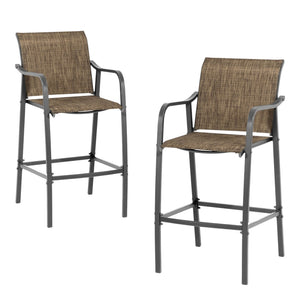 HomeRoots Set of Two 28" Gray and Brown Steel Bar Height Chairs with Footrest for Stylish Outdoor Comfort 485774