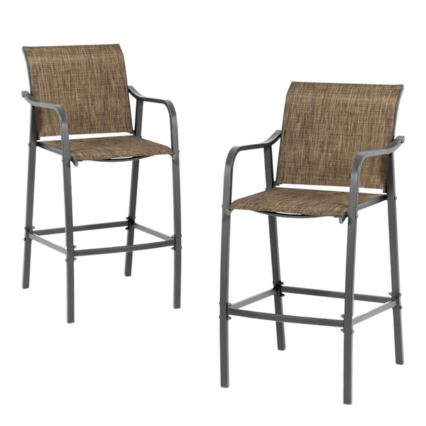 HomeRoots Set of Two 28" Gray and Brown Steel Bar Height Chairs with Footrest for Stylish Outdoor Comfort 485774
