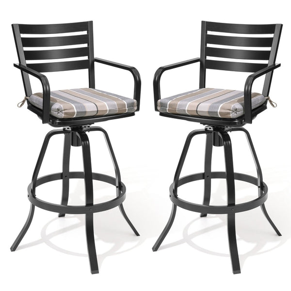 HomeRoots Set of Two Stylish Black & Off-White Aluminum Swivel Bar Chairs for Outdoor Entertaining Comfort 485776