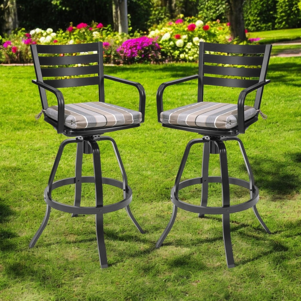 HomeRoots Set of Two Stylish Black & Off-White Aluminum Swivel Bar Chairs for Outdoor Entertaining Comfort 485776
