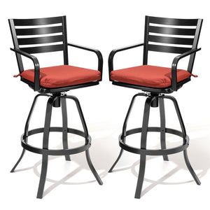 HomeRoots Set of Two Stylish Swivel Bar Chairs with Red Cushions for Outdoor Patios and Garden Dining Spaces 485777