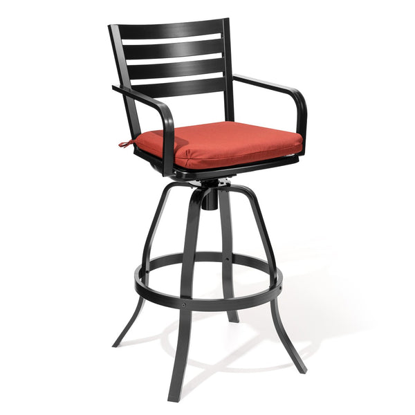 HomeRoots Set of Two Stylish Swivel Bar Chairs with Red Cushions for Outdoor Patios and Garden Dining Spaces 485777