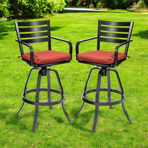 HomeRoots Set of Two Stylish Swivel Bar Chairs with Red Cushions for Outdoor Patios and Garden Dining Spaces 485777