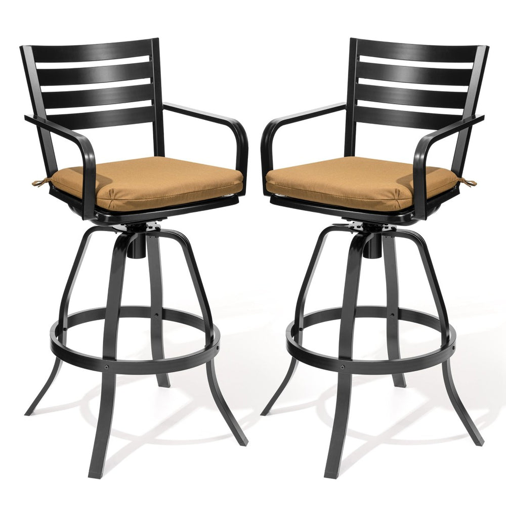 HomeRoots Set of Two Stylish 30" Black & Brown Aluminum Swivel Bar Chairs for Outdoor Comfort & Style 485778