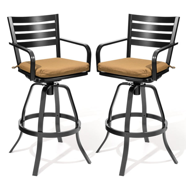 HomeRoots Set of Two Stylish 30" Black & Brown Aluminum Swivel Bar Chairs for Outdoor Comfort & Style 485778