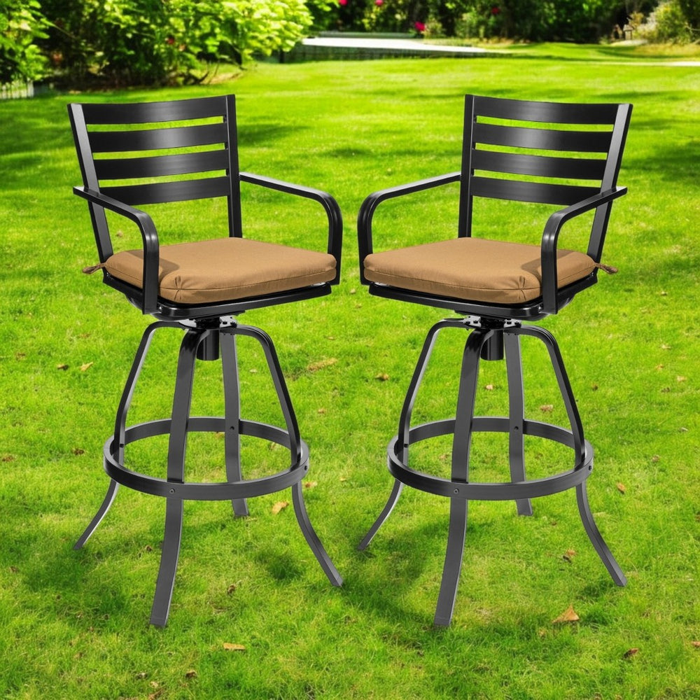 HomeRoots Set of Two Stylish 30" Black & Brown Aluminum Swivel Bar Chairs for Outdoor Comfort & Style 485778