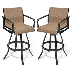 HomeRoots Set of Two Stylish 30" Outdoor Bar Height Swivel Chairs in Black Aluminum with Brown Fabric Seats 485779