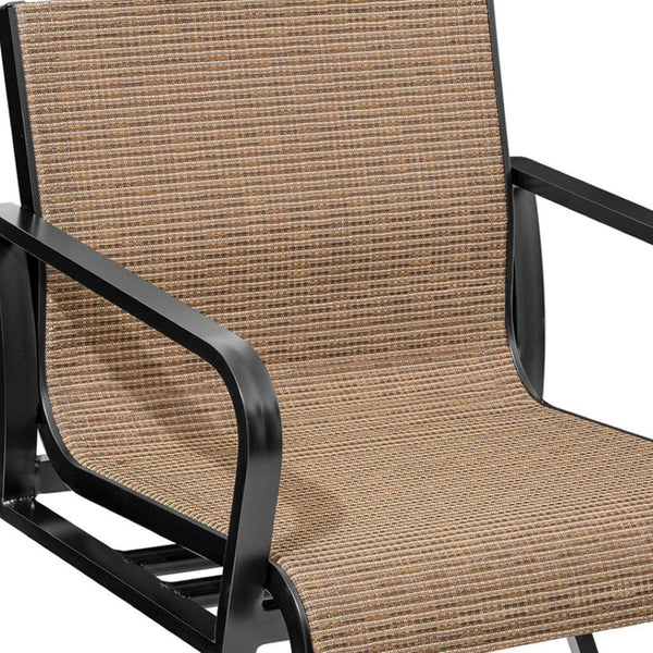 HomeRoots Set of Two Stylish 30" Outdoor Bar Height Swivel Chairs in Black Aluminum with Brown Fabric Seats 485779