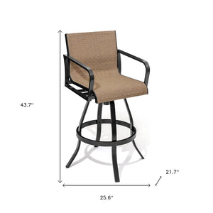 HomeRoots Set of Two Stylish 30" Outdoor Bar Height Swivel Chairs in Black Aluminum with Brown Fabric Seats 485779