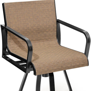 HomeRoots Set of Two Stylish 30" Outdoor Bar Height Swivel Chairs in Black Aluminum with Brown Fabric Seats 485779