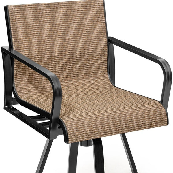 HomeRoots Set of Two Stylish 30" Outdoor Bar Height Swivel Chairs in Black Aluminum with Brown Fabric Seats 485779