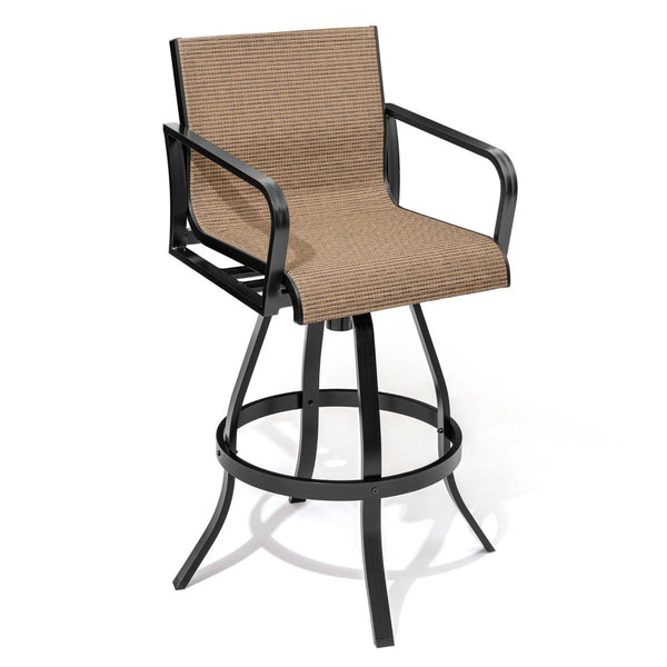 HomeRoots Set of Two Stylish 30" Outdoor Bar Height Swivel Chairs in Black Aluminum with Brown Fabric Seats 485779