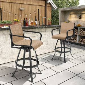 HomeRoots Set of Two Stylish 30" Outdoor Bar Height Swivel Chairs in Black Aluminum with Brown Fabric Seats 485779