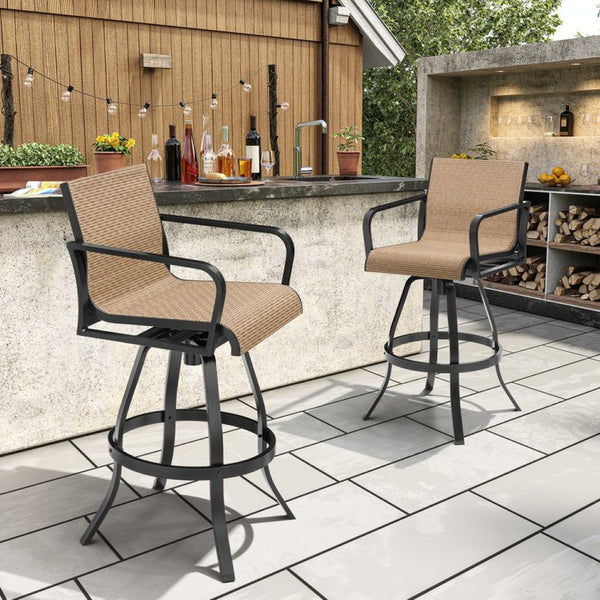 HomeRoots Set of Two Stylish 30" Outdoor Bar Height Swivel Chairs in Black Aluminum with Brown Fabric Seats 485779