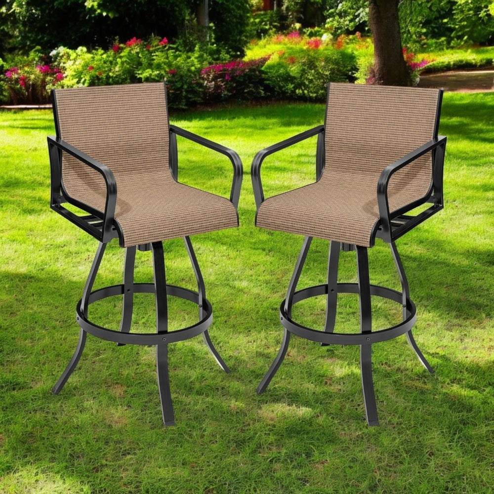 HomeRoots Set of Two Stylish 30" Outdoor Bar Height Swivel Chairs in Black Aluminum with Brown Fabric Seats 485779