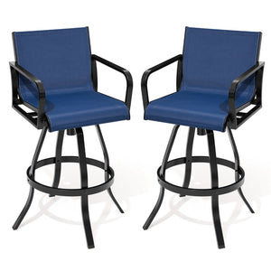 HomeRoots Set of Two 30" Black and Navy Aluminum Swivel Outdoor Bar Chairs for Stylish Entertaining Spaces 485780
