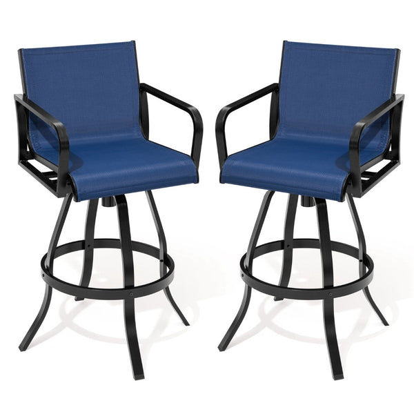 HomeRoots Set of Two 30" Black and Navy Aluminum Swivel Outdoor Bar Chairs for Stylish Entertaining Spaces 485780