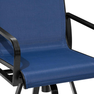 HomeRoots Set of Two 30" Black and Navy Aluminum Swivel Outdoor Bar Chairs for Stylish Entertaining Spaces 485780