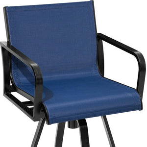 HomeRoots Set of Two 30" Black and Navy Aluminum Swivel Outdoor Bar Chairs for Stylish Entertaining Spaces 485780