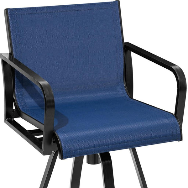 HomeRoots Set of Two 30" Black and Navy Aluminum Swivel Outdoor Bar Chairs for Stylish Entertaining Spaces 485780