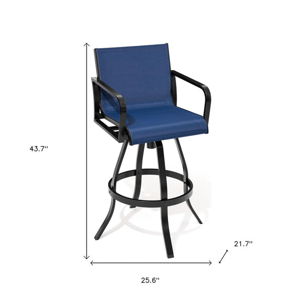 HomeRoots Set of Two 30" Black and Navy Aluminum Swivel Outdoor Bar Chairs for Stylish Entertaining Spaces 485780