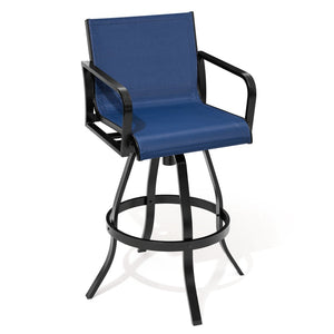HomeRoots Set of Two 30" Black and Navy Aluminum Swivel Outdoor Bar Chairs for Stylish Entertaining Spaces 485780