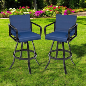 HomeRoots Set of Two 30" Black and Navy Aluminum Swivel Outdoor Bar Chairs for Stylish Entertaining Spaces 485780