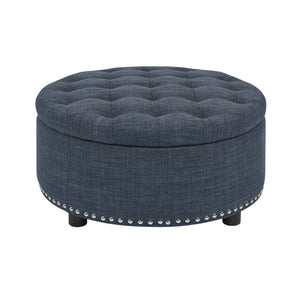 English Elm Tufted Linen Square Ottoman with Lift Top Storage Nailhead Trim Living Room Dark Blue B2748P481672