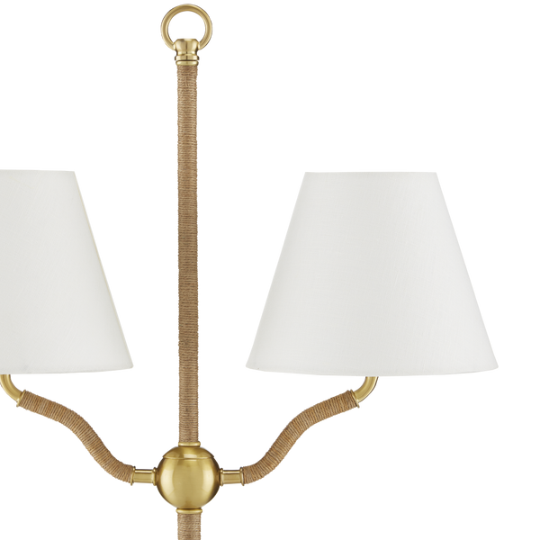Sirocco Antique Brass Floor Lamp with Jute Rope Accents and Off-White Linen Shades for Elegant Decor
