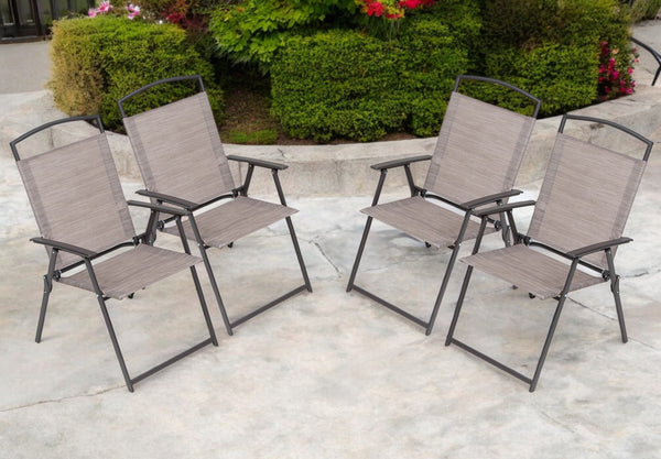 Homeroots Set Of Four 35" Brown Steel Sling Outdoor Folding Arm Chairs – Stylish, Ergonomic Comfort For Relaxation  Steel 485811
