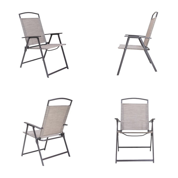 HomeRoots Set of Four Ergonomic Brown Steel Sling Outdoor Folding Arm Chairs for Stylish Relaxation & Comfort 485811