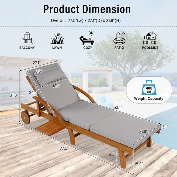English Elm U_style Acacia Wood Outdoor Chaise Lounger with Reclining Backrest Cushions and Side Tray Gray N711P415859E