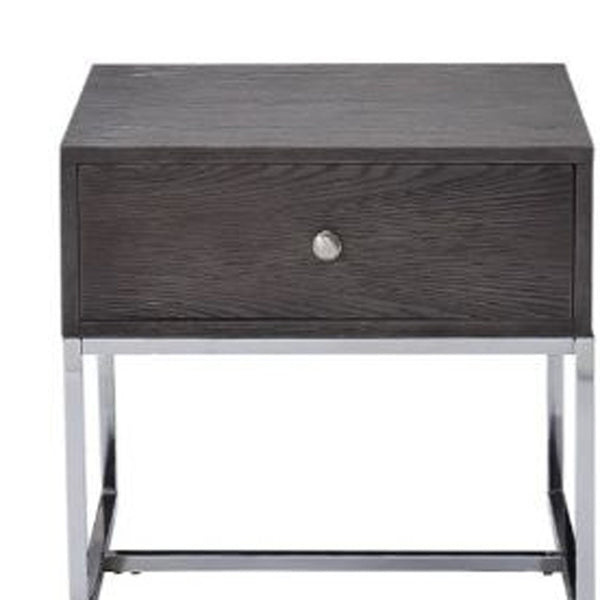 Homeroots 22" Chrome And Gray Oak Manufactured Wood Rectangular End Table With Drawer   485830
