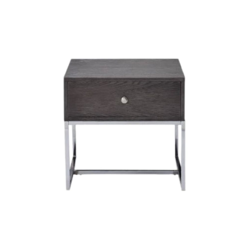 HomeRoots 22" Chrome and Gray Oak End Table - Modern Rectangular Design with Drawer for Stylish Storage Solutions 485830