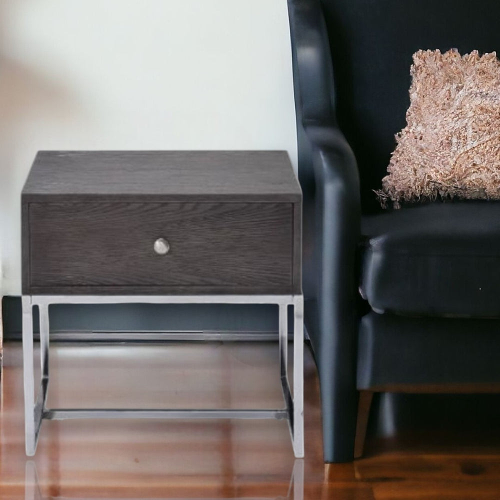 HomeRoots 22" Chrome and Gray Oak End Table - Modern Rectangular Design with Drawer for Stylish Storage Solutions 485830
