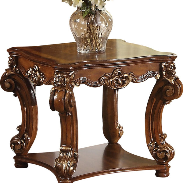 Homeroots 26" Cherry Manufactured Wood And Solid Wood Square End Table With Shelf   485833