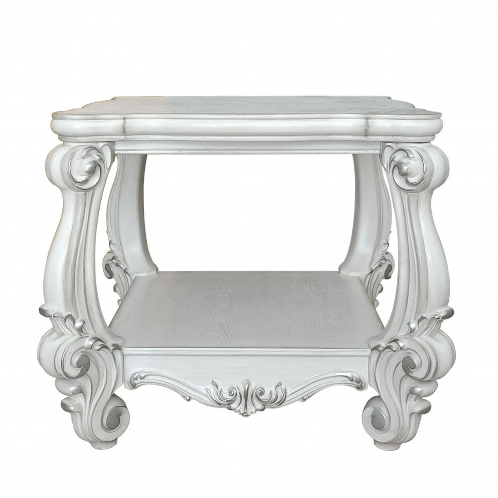 Homeroots 26" Antiqued White Manufactured Wood Square Scroll End Table With Shelf   485838