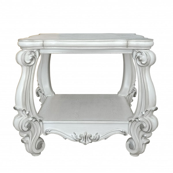Homeroots 26" Antiqued White Manufactured Wood Square Scroll End Table With Shelf   485838