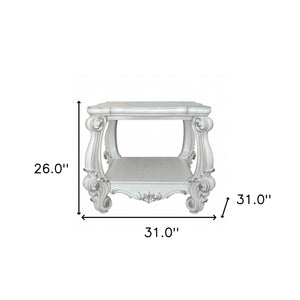 Homeroots 26" Antiqued White Manufactured Wood Square Scroll End Table With Shelf   485838
