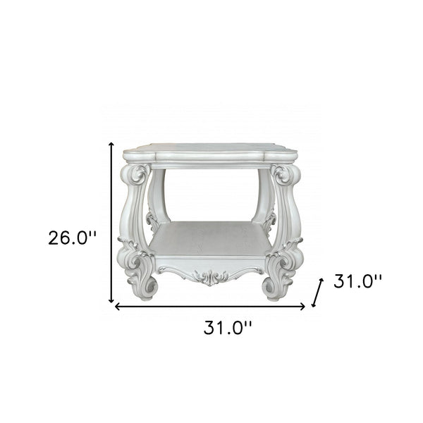 Homeroots 26" Antiqued White Manufactured Wood Square Scroll End Table With Shelf   485838