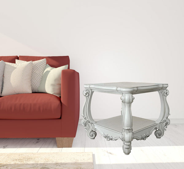 Homeroots 26" Antiqued White Manufactured Wood Square Scroll End Table With Shelf   485838