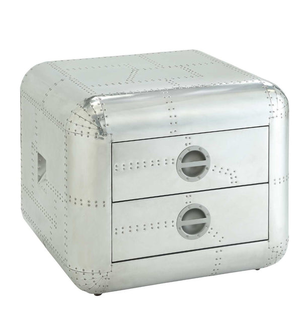 HomeRoots 22" Silver Aluminum Aviator-End Table with Two Felt-Lined Drawers - Vintage Industrial Charm 485841