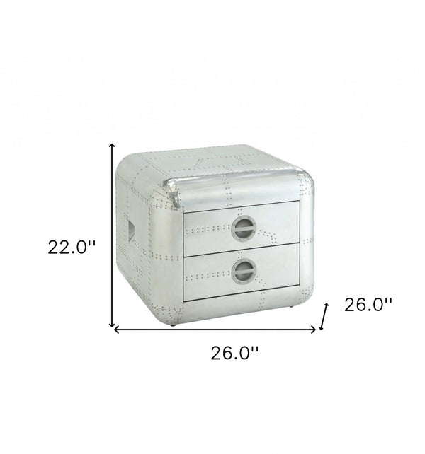HomeRoots 22" Silver Aluminum Aviator-End Table with Two Felt-Lined Drawers - Vintage Industrial Charm 485841