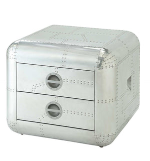 HomeRoots 22" Silver Aluminum Aviator-End Table with Two Felt-Lined Drawers - Vintage Industrial Charm 485841