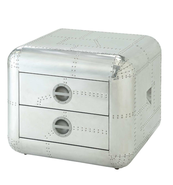 HomeRoots 22" Silver Aluminum Aviator-End Table with Two Felt-Lined Drawers - Vintage Industrial Charm 485841
