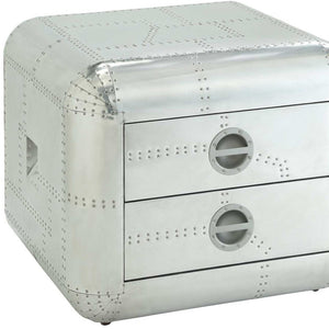 HomeRoots 22" Silver Aluminum Aviator-End Table with Two Felt-Lined Drawers - Vintage Industrial Charm 485841
